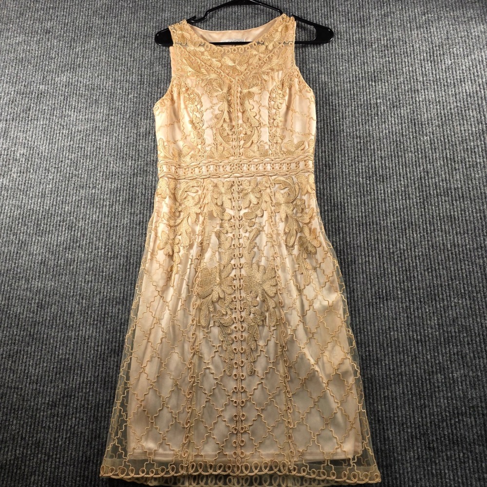 Sue Wong Champagne Gold Embroidered Mesh Cocktail Dress Sleeveless Sheath Sz 4